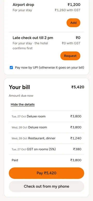 The guest bill on a phone: dated lines for the room, dinner and GST, the amount paid, a pay button and check out from my phone