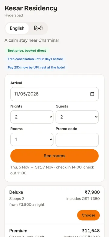 The Kesar Residency booking page on a phone: dates, nights, guests and room prices with GST