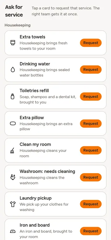 Request cards on a phone: extra towels, drinking water, clean my room, laundry pickup, each with a request button