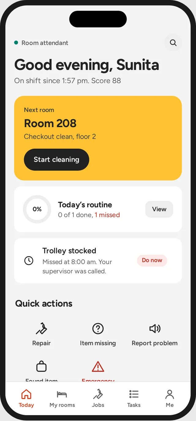 A room attendant’s phone: next room 208, checkout clean on floor 2, start cleaning, quick actions to report a repair or a found item